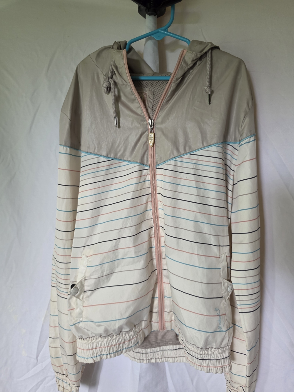 Pull&Bear Cream Striped Hooded Bomber Jacket with Taupe Yoke